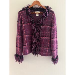 Susan Bristol Afghan Cardigan Jacket Purple Pink Plaid w Fringe Collar Small JL